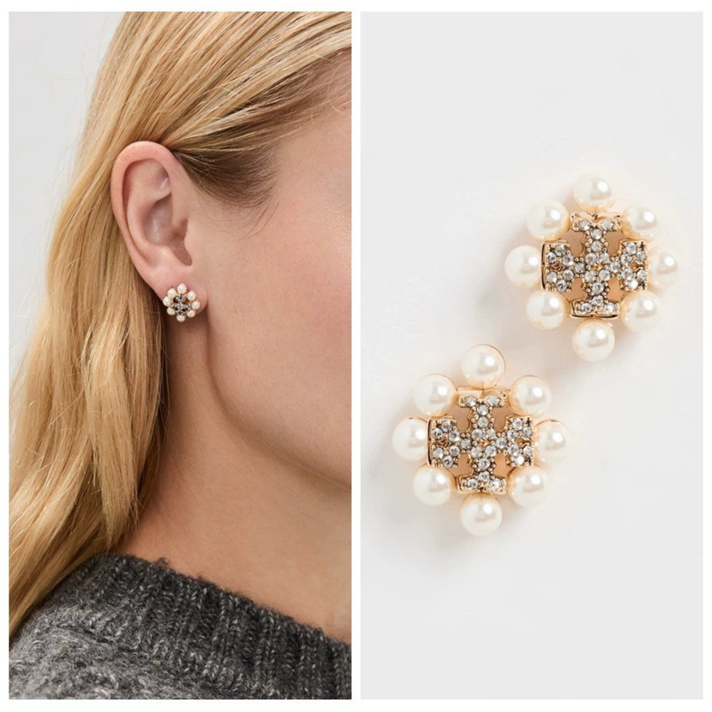 Tory Burch Gold and Beige Faux Pearl Stud Earrings Pair